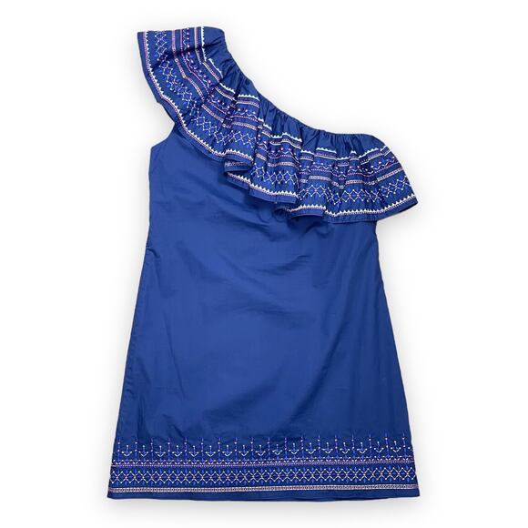 Parker | NWT Katrina Lazuli Blue Embroidered Ruffle One Shoulder Mini Dress - Picture 4 of 12